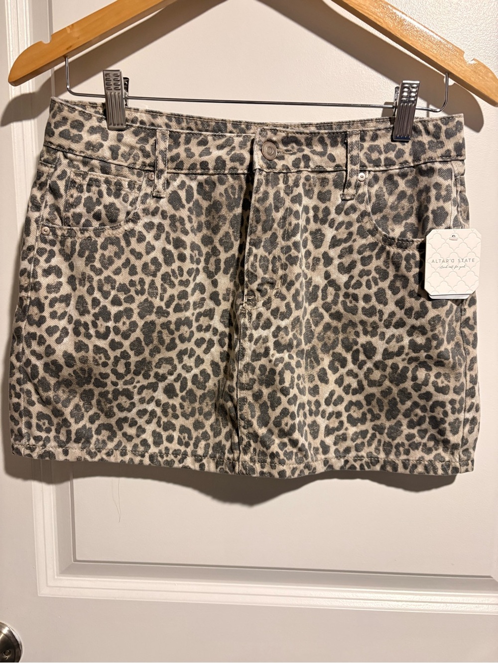 Altar'd State Leopard Print Denim Mini Skirt - Cream and Gray